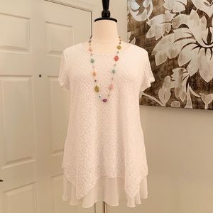 Style & Co White Lacy Overlay Top w/ Chiffon Hem